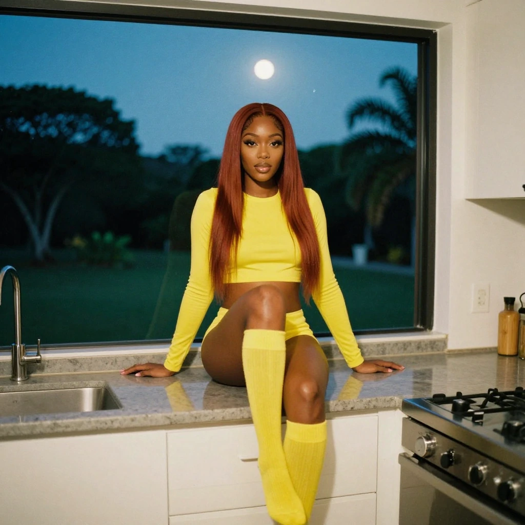 an analog film photo of a beautiful woman, 25 years old, nigerian woman, oval face, parted lips, long auburn hair, she sits on the edge of a kitchen c