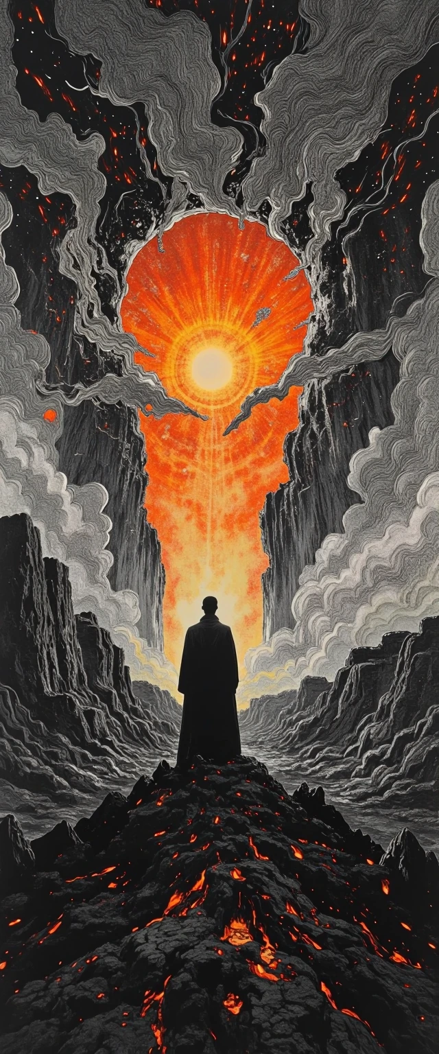 An intricately detailed, antique lithograph illustration depicting a chaotic, burning landscape of wrath. The world is drawn in stark, masterful black-and-white etched lines, showing towering flames and deep, dark abysses. In the stark center stands 