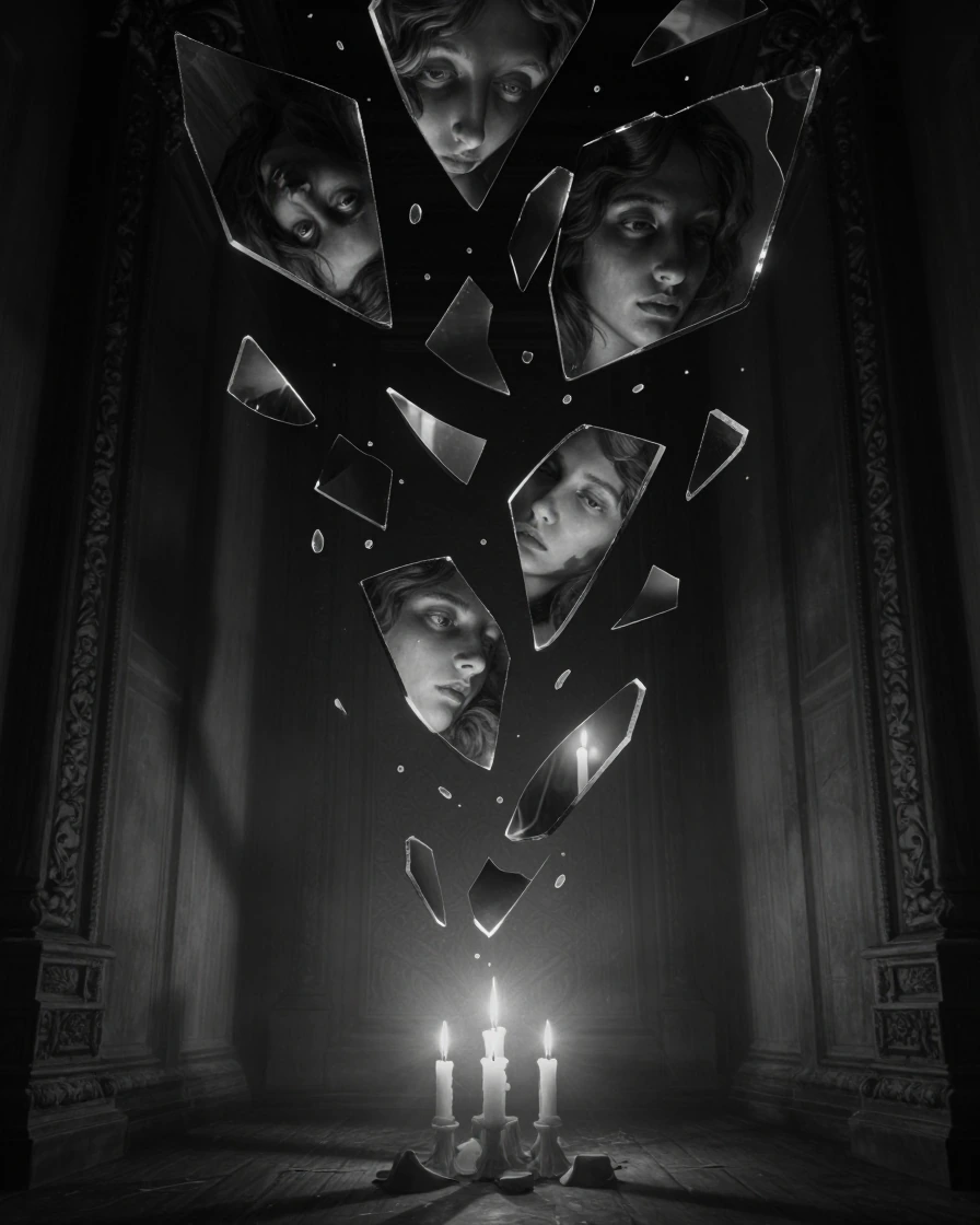 A figure made of fractured mirror shards falling upward through a void, each shard reflecting a different moment of loss—faces, empty rooms, extinguished candles—their edges catching candlelight that casts long shadows on invisible walls. The composi