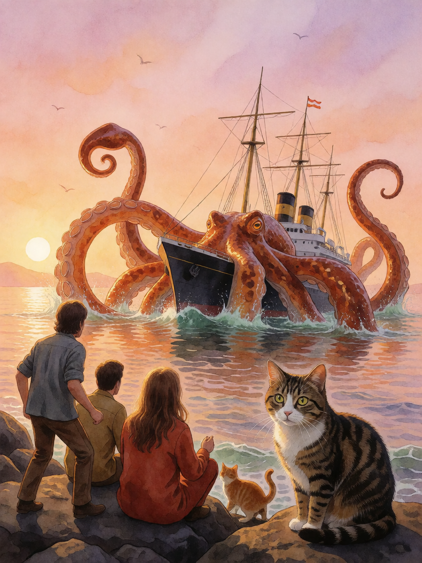 1960s psychedelic explorers find the kraken. Cat nearby. peach lavender orange sunset. orange and bronze. Totally realistic scary action scene. But don't you dare hurt the cat! Artsy watercolor style like we found it in the future and wonder what the