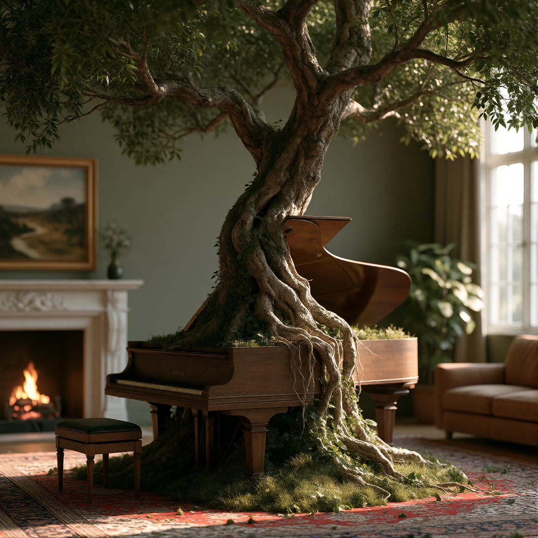 A treee growing straight up through the middle of a piano in a living room. Ultra realism hyper detailed