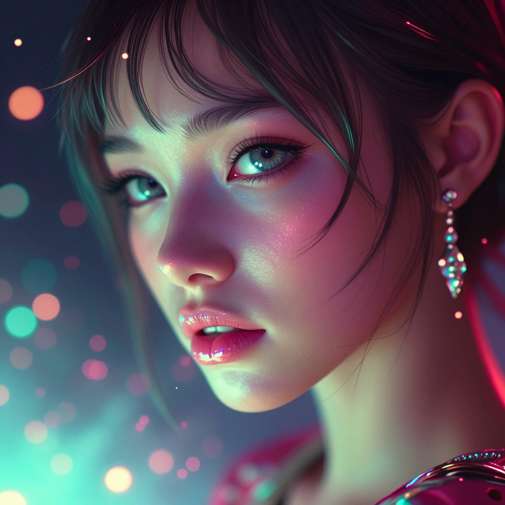 extreme close-up portrait, shallow depth of field bokeh, anamorphic lens flares scattered across frame, volumetric atmospheric haze, neon cyan and mag