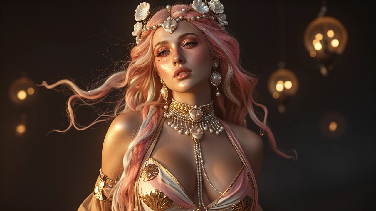 Masterpiece, best quality, goddess seductive stare, flawless divine face. Ultra-detailed stylized portrait of neon Venus in Aphrodite-pop-art aesthetic, three-quarter chest-up view, bare glowing shoulders and plunging draped neckline to cleavage. Cas