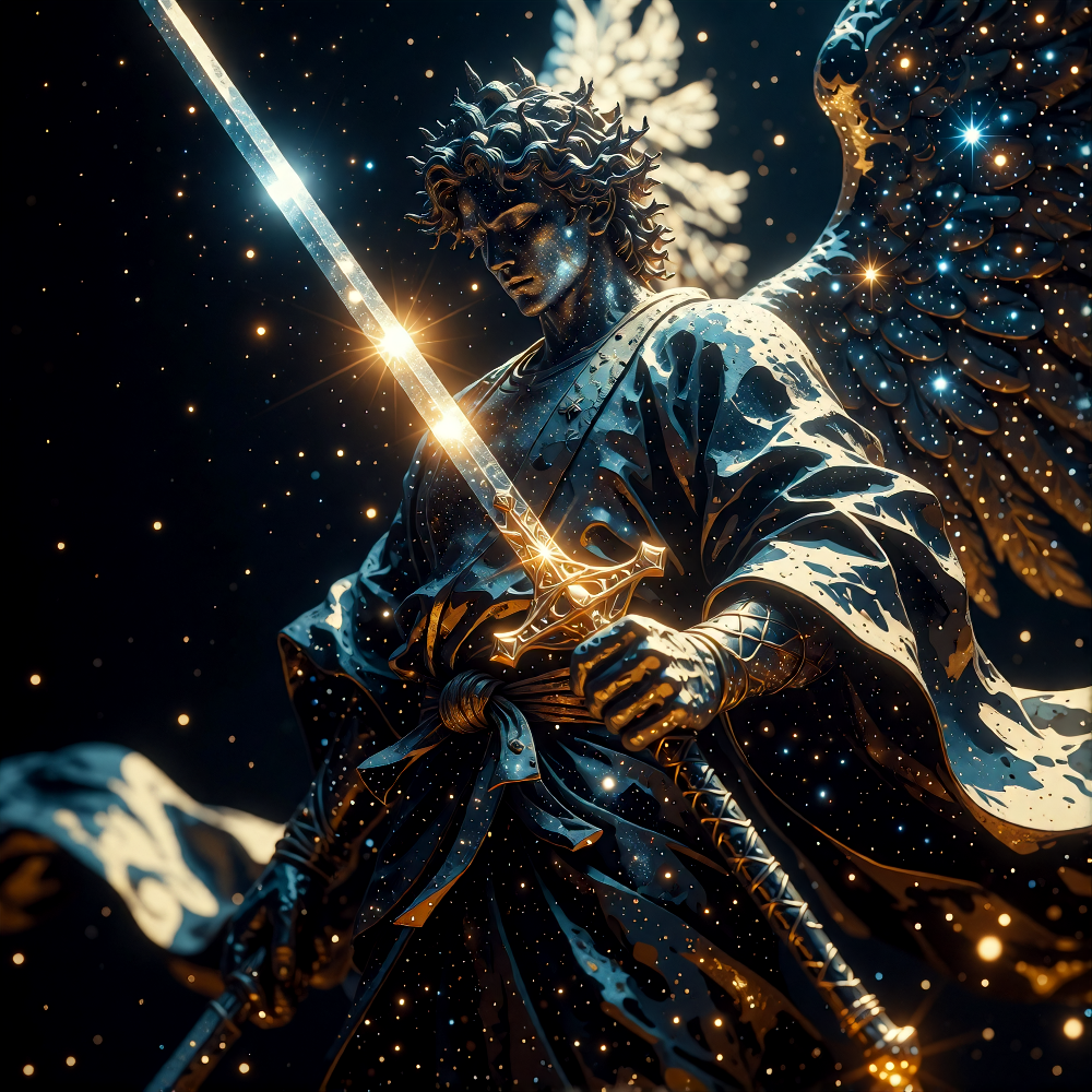 # Celestial Guardian A magnificent statue composed entirely of glittering stars and luminous particles stands silhouetted against darkness. The figure