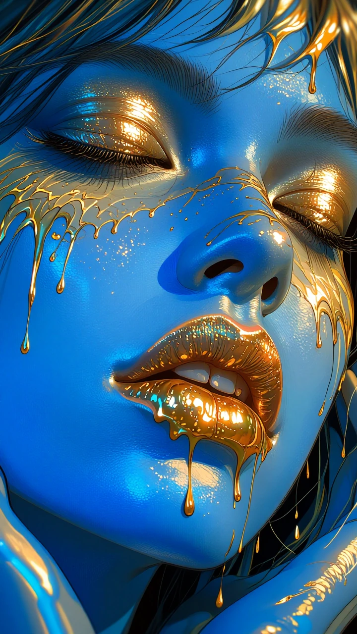 A dramatic close-up beauty shot of metallic gold and blue makeup art. The lips are painted in a metallic gold shimmer with a glossy finish, creating a