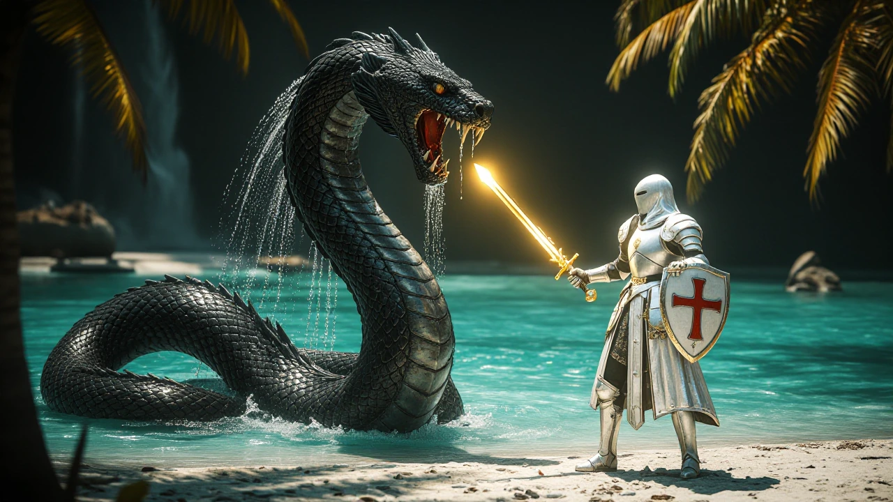 A colossal black-scaled hydra serpent erupts violently from turquoise lagoon waters, its obsidian-like scales shimmering with liquid darkness as venom drips from bared fangs and crystalline waterfalls cascade down its coiled body. The primordial beas