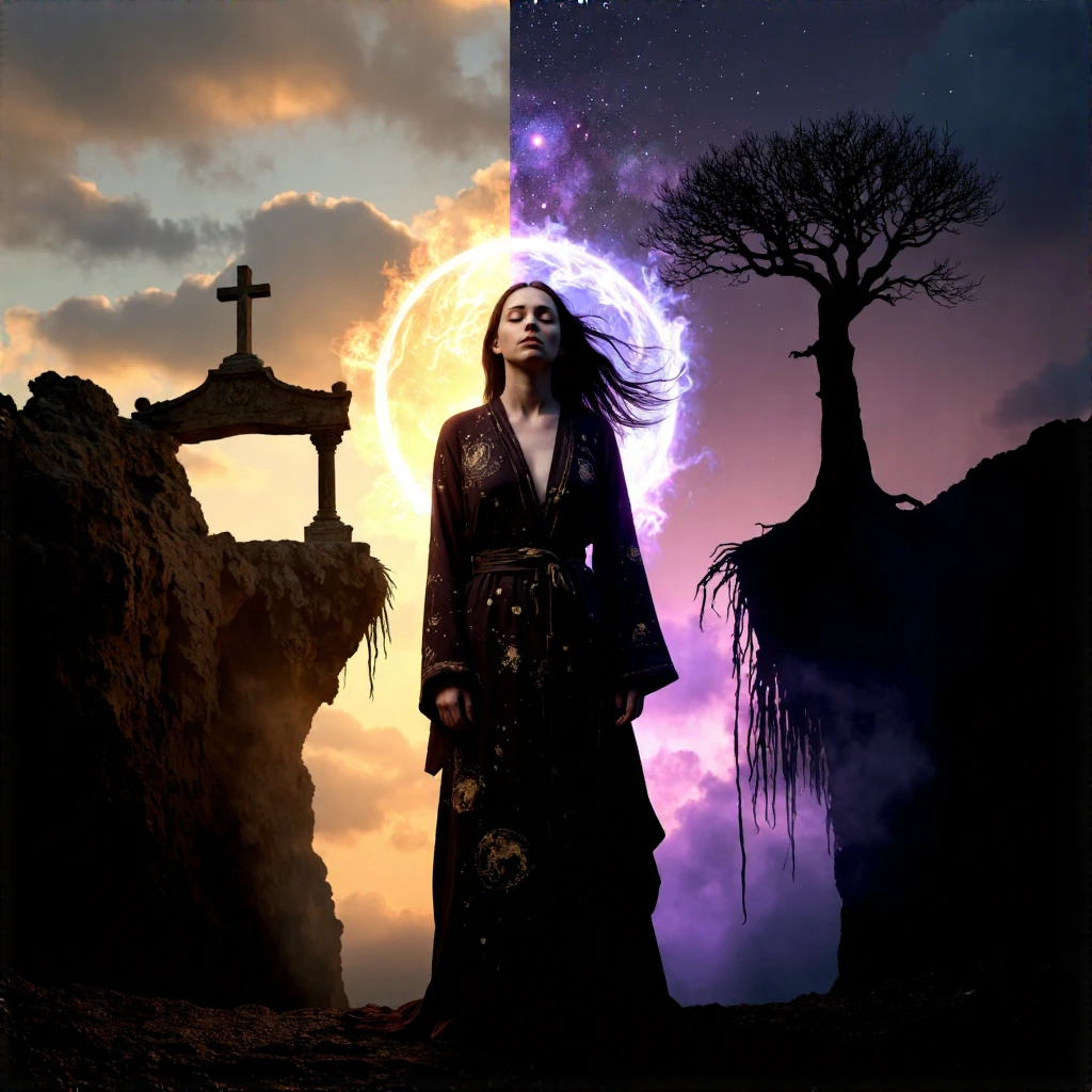 A hauntingly beautiful priestess standing at the threshold of twilight during the equinox, her silhouette glowing with ethereal light as the sky splits between day and night. She wears ancient, tattered robes woven with constellations, her eyes close