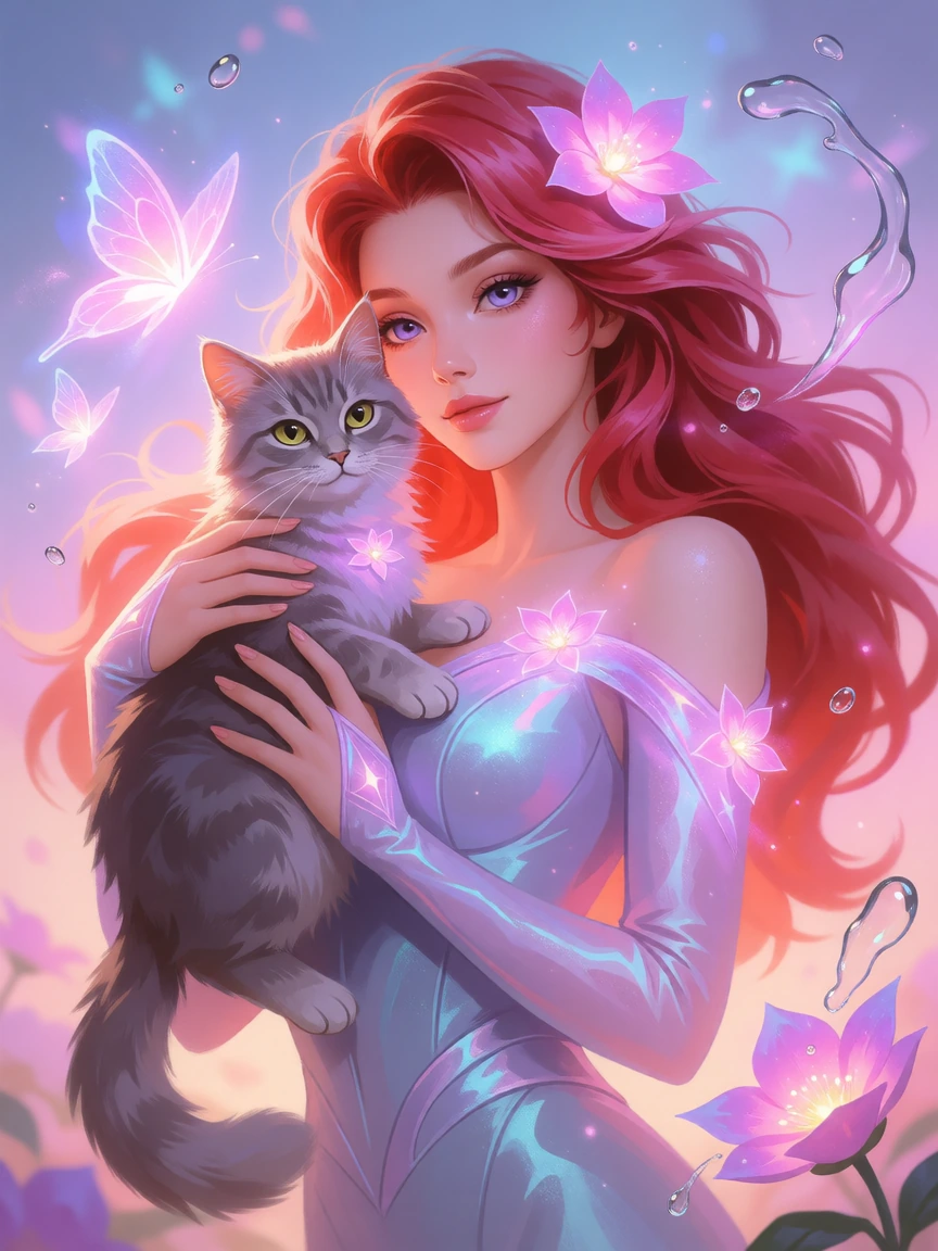 Beautiful magic woman, red pink hair, with her cat, , sleek jumpsuit, lavender eyes, glowing flowers and water drops, magical background, ethereal, beautiful, pastel painting