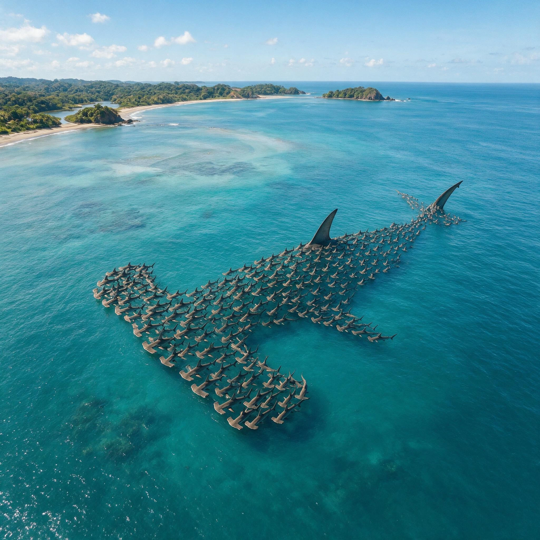 Hammerhead Shark Migration; Aerial View looking directly down like a satellite image of a Migration of Hammerhead Sharks, hundreds of Hammerhead Sharks swim in a school in a coastal nursery off the coast of Costa Rica in paradise weather. The school 