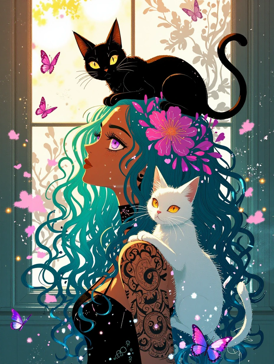 A striking illustration depicts a woman with flowing teal hair adorned with vibrant pink flowers, featuring purple eyes and warm brown skin. She wears