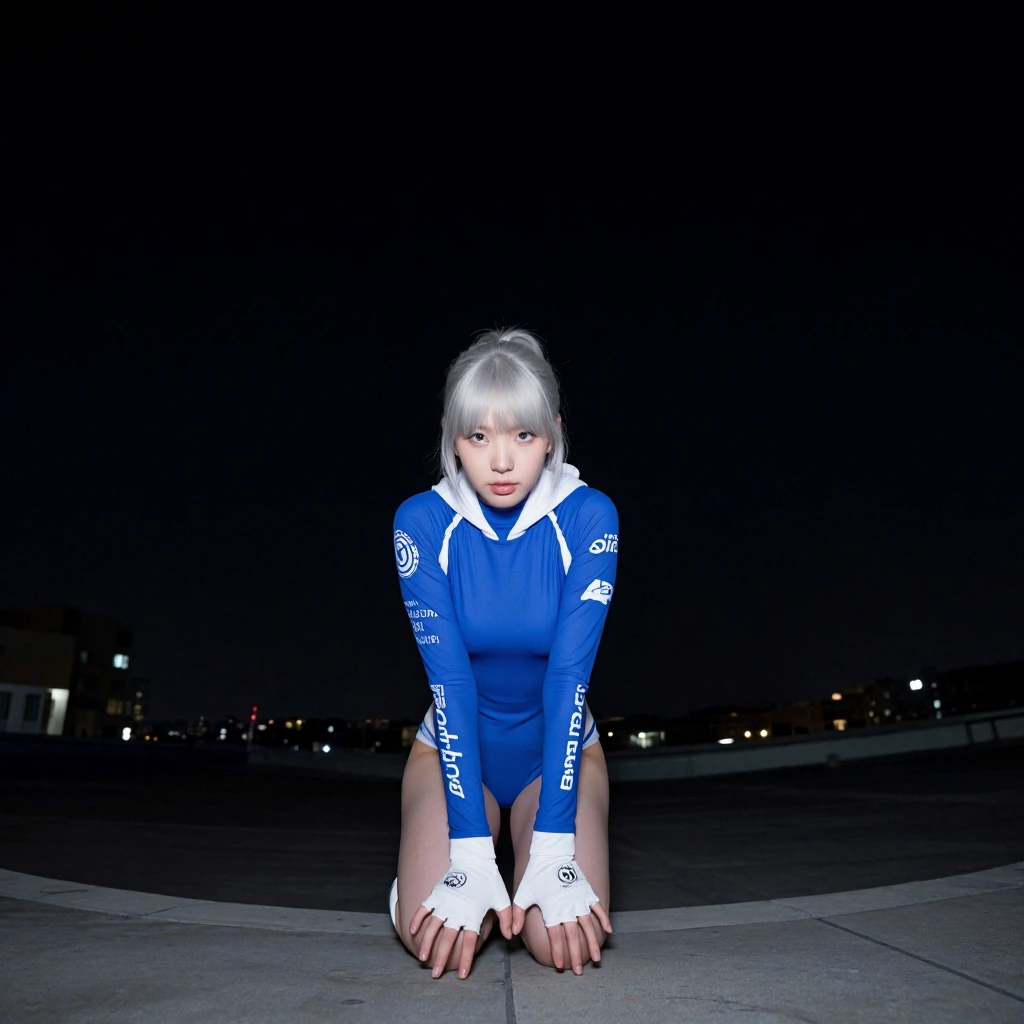 masterpiece, best quality, very aesthetic, amazing quality, 1girl, solo, goeun , Silver hair, mint eyes, folded ponytail, blue bodysuit, bodysuit, white print on arms, white inscriptions on the suit, white gloves, Fingerless gloves, white hood, herol