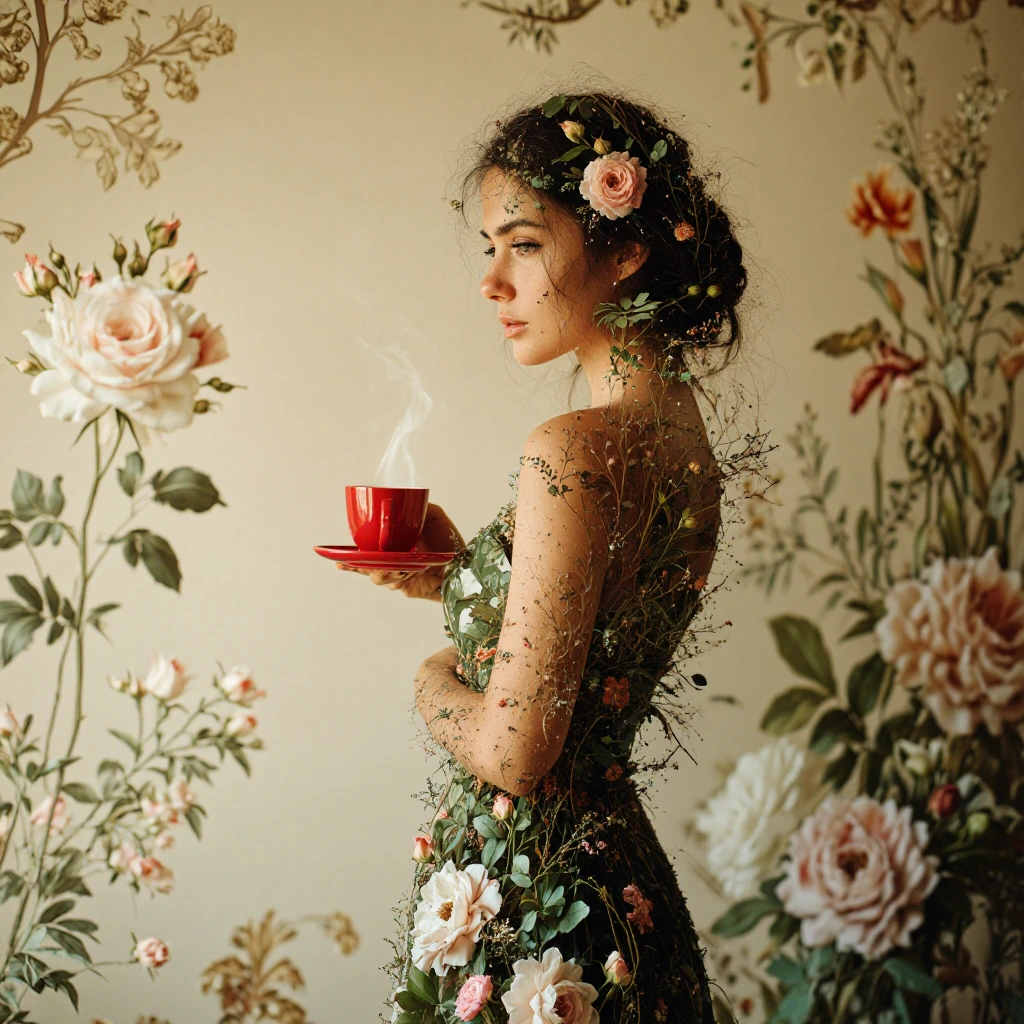 Woman seamlessly blended into floral wall tapestry, body dissolving into blooming flowers, camouflaged and ethereal, standing against ornate vintage w