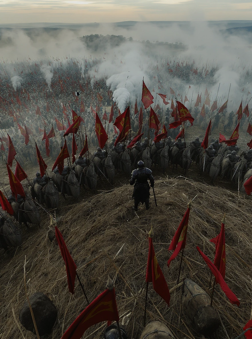 Aerial Shot of The Death of 1000: The vast Royal army encircled the rebels upon the hilltop. The rebels number 1000, poorly armed and equipped wearing ragged clothing. So foolish a revolution, they never looked beyond their own hate, convincing thems