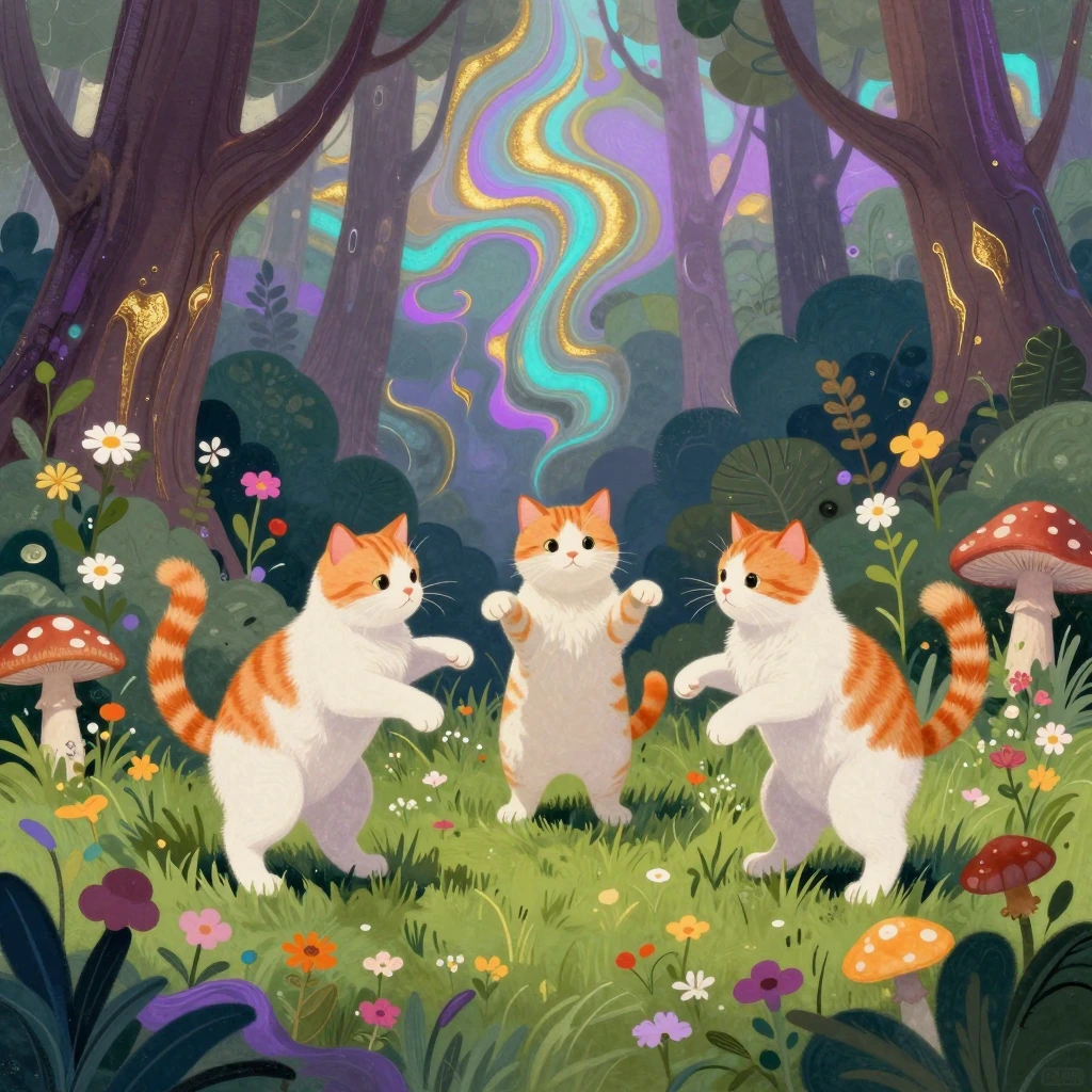 A group of three orange and white cats dancing among wildflowers and mushrooms in a forest clearing, rendered in a trippy art style with melting, morphing organic shapes and iridescent colors that shift between purple, gold, and turquoise.