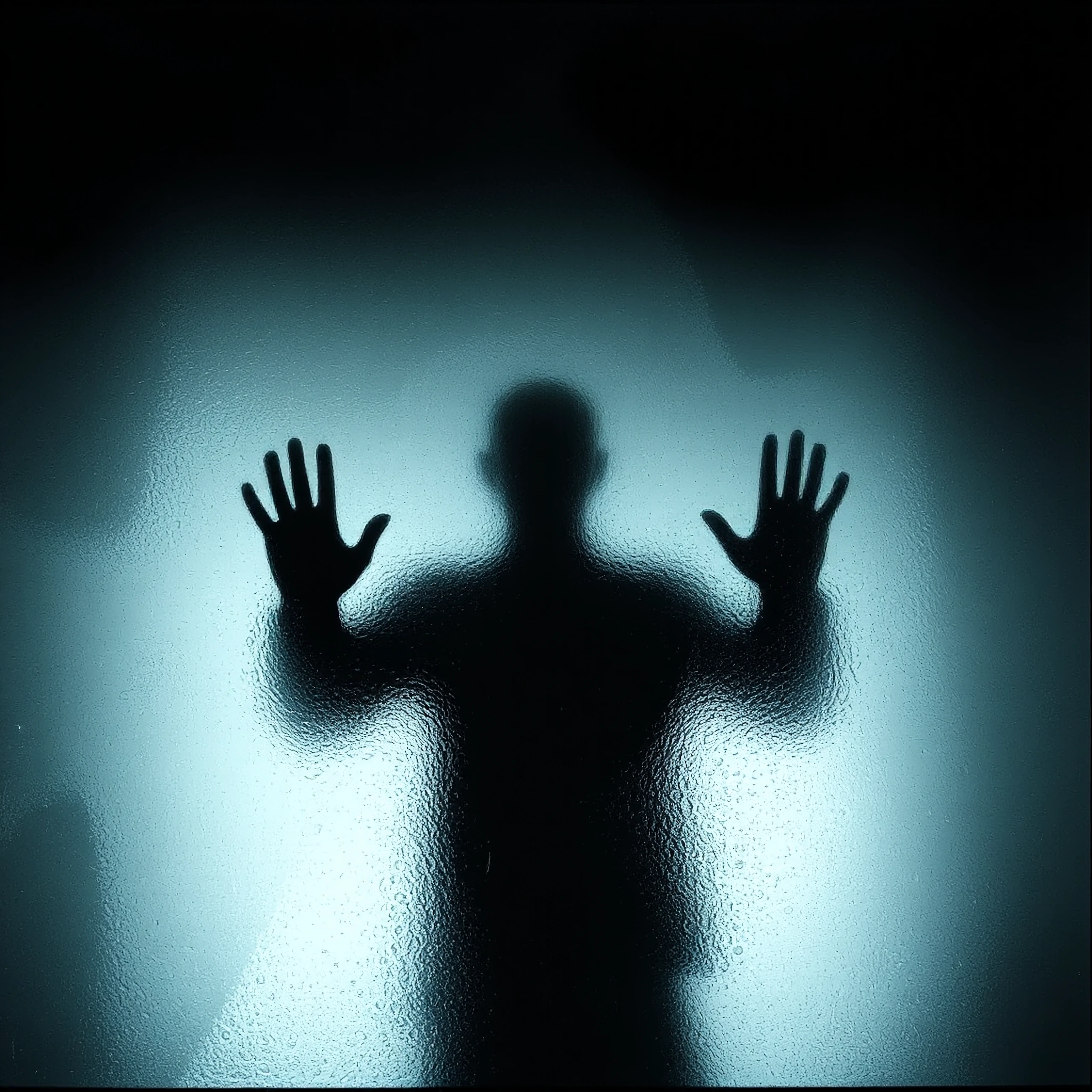 a solitary human figure pressed firmly against frosted glass from the other side, their face and features completely blurred and distorted through the