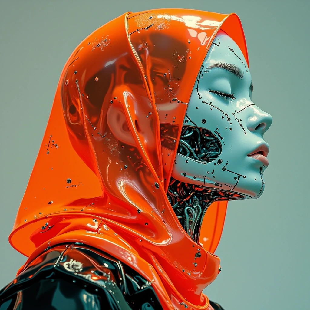 masterpiece, best quality, score_9, score_8, score_7, highres, newest, neon lights, This is a highly detailed, digital CGI artwork depicting a futuristic, robotic human head in profile view. The subject is a humanoid figure with a metallic, grey-blue