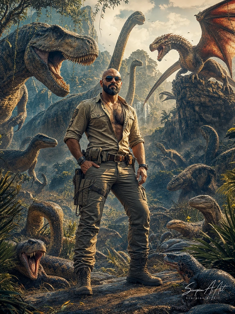 A powerful bald man with a neatly trimmed dark beard and black sunglasses, standing confidently in a rugged adventure outfit — khaki safari shirt unbuttoned at the top exposing thick chest hair, tactical pants, and worn boots. He is surrounded by a d