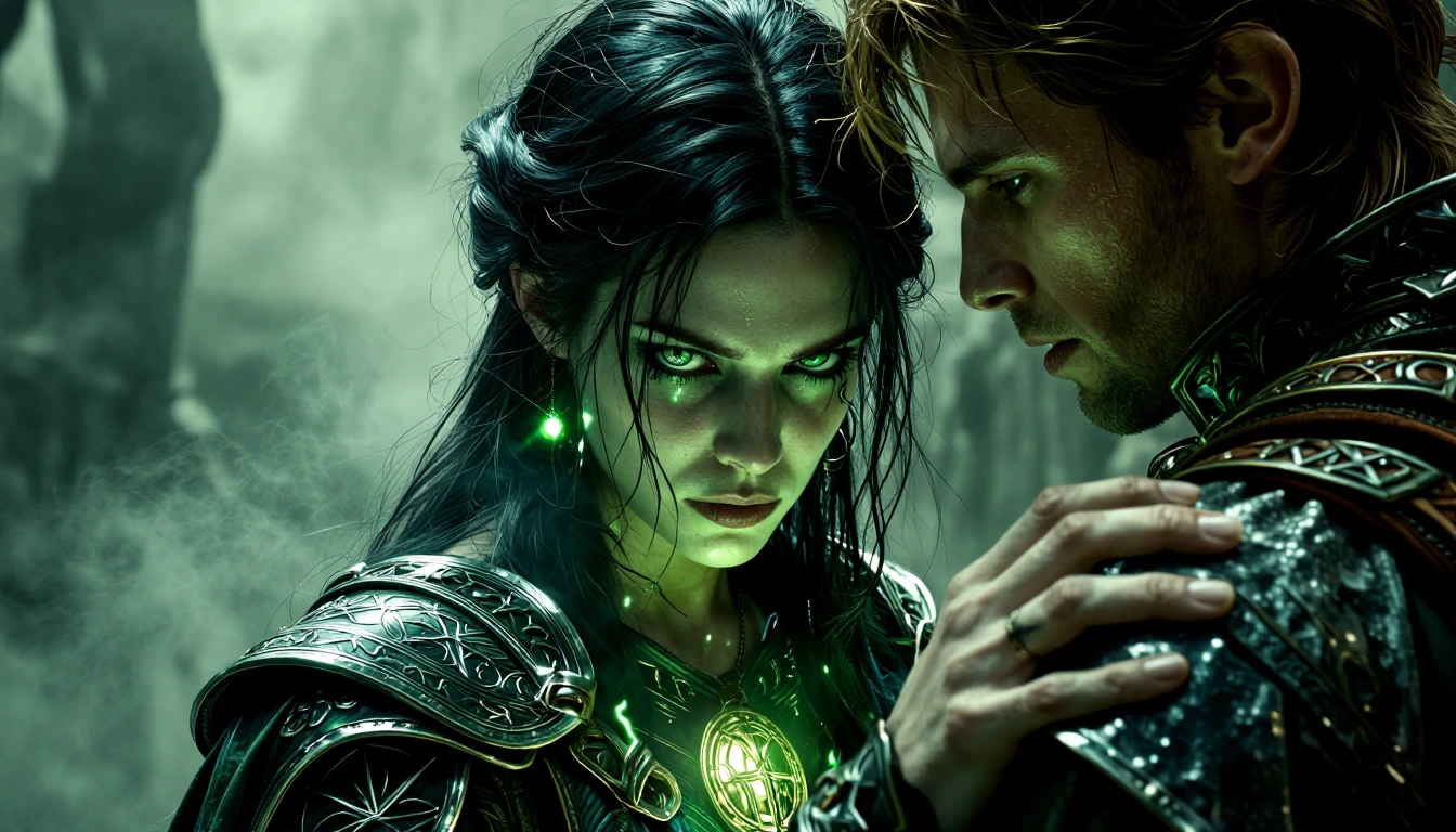 Raven haired female cleric's face with toxic liquid neon-green eyes, her body pressed close a handso…