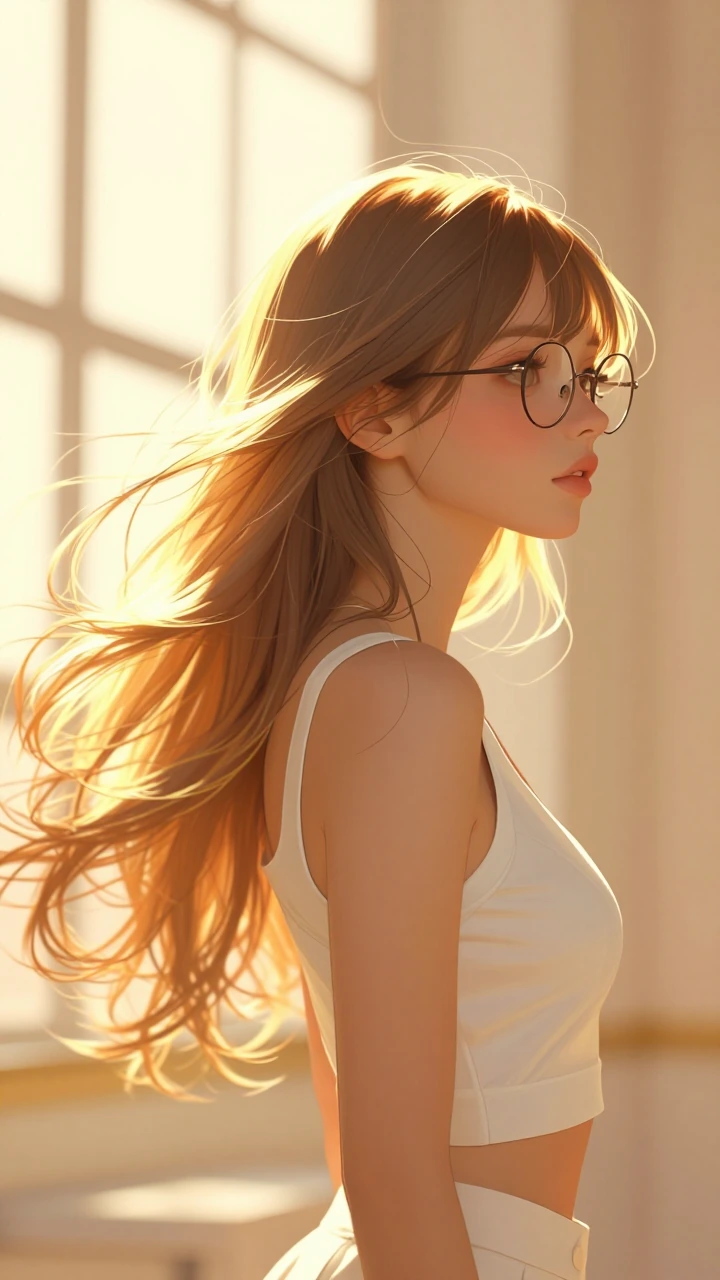 Digital illustration of a young woman in side-profile, long flowing hair catching warm sunlight with a golden glow, round glasses, simple white sleeveless crop top, calm thoughtful expression, mid-shot composition from chest up, subject placed on the