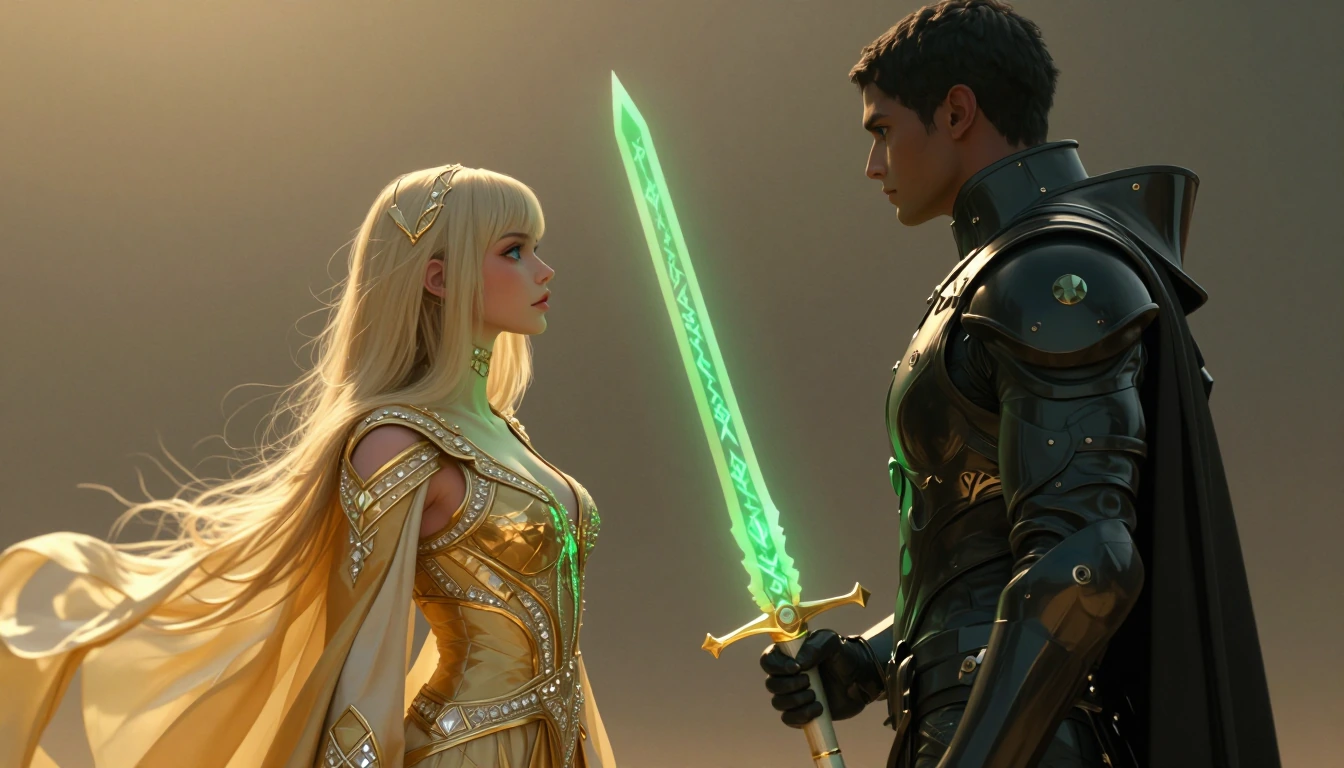 The golden haired, blue eyes, woman in the ornate diamond studded flowing golden dress and a tall man wearing fully sealed onyx black futuristic armour face one another, his sword glows neon-green with runes of chaos, her rapier catches the sunlight 