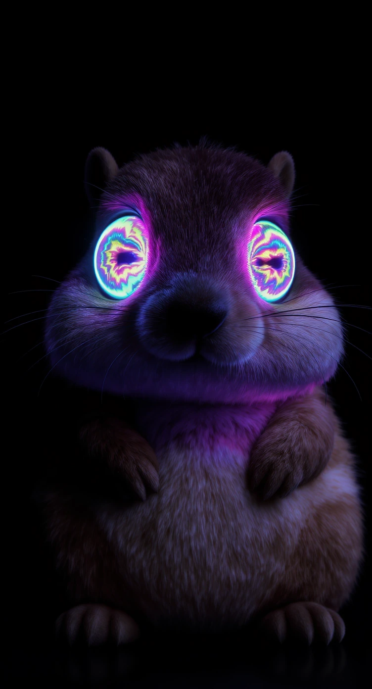 Woodchuck in close-up, rendered as soft plush toy sculpture with velvet-textured fur in warm brown and cream, sitting upright. Eyes: two large glowing orbs filled with slowly swirling neon UV colors — electric magenta, cyan, lime green, violet — movi