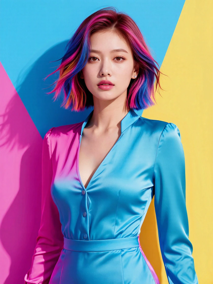 A beautiful woman, seductive, sexy silk outfit, colorful hair, asian looking, background is colorful, asymetric shapes