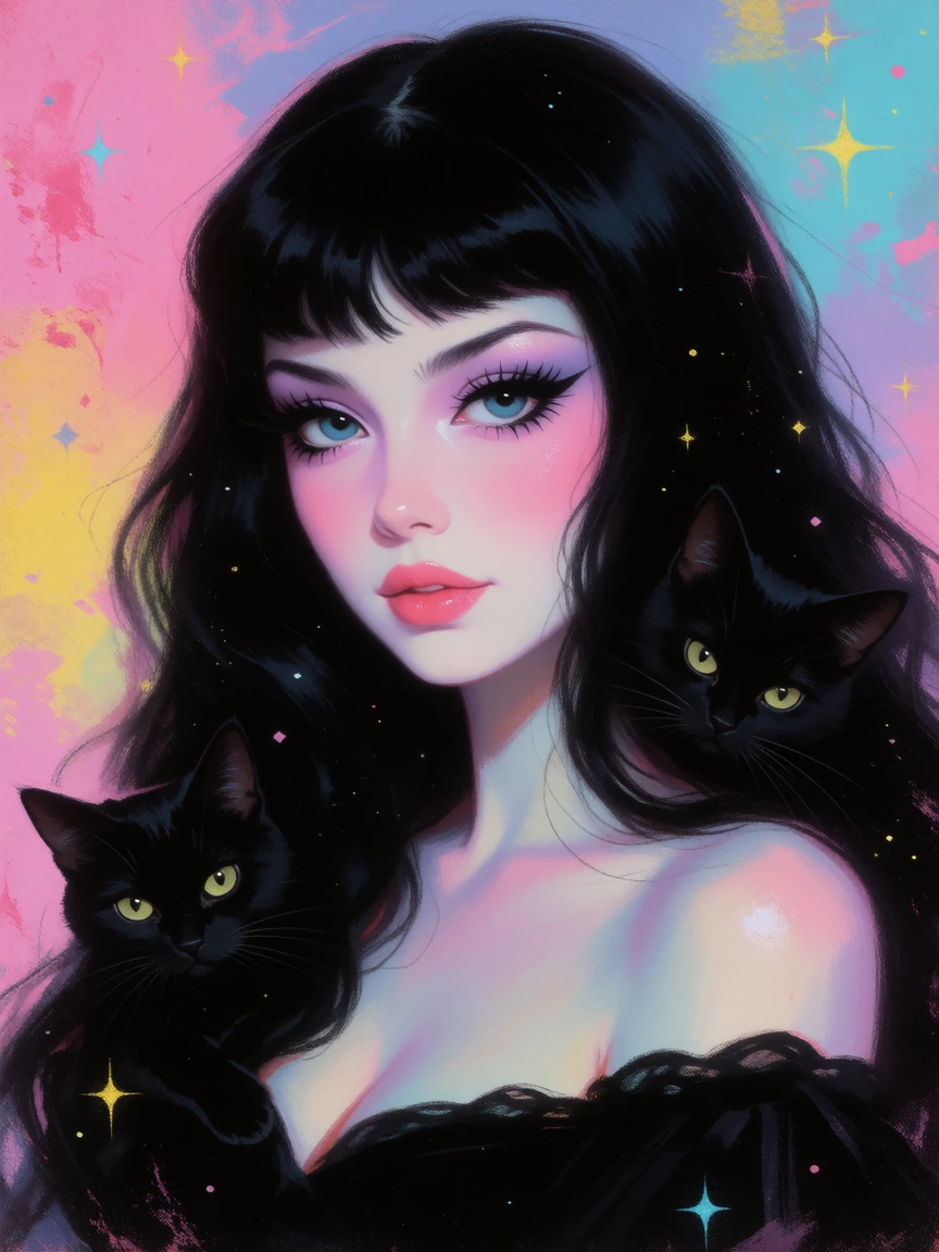 Lovely pastel Goth woman (galaxy black hair) with a black, dreamlike, painterly, vintage fantasy, pastel and black colors, and textured details. Bold hues, fantasy lighting. surreal whimsical vibes,