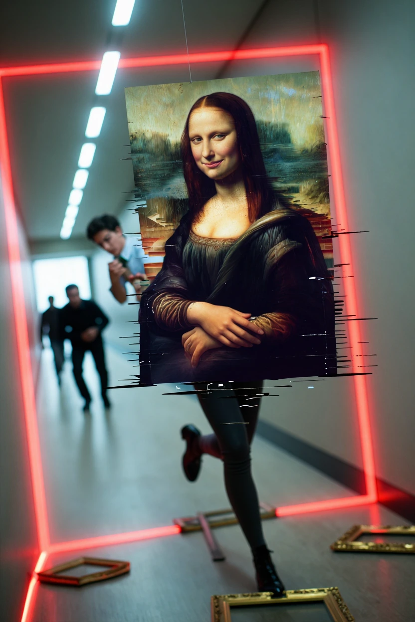Security guard and the Mona Lisa sprinting through a museum corridor backlit by red laser grids, her Renaissance oil-paint figure pixelated and glitching as she steps out of her frame into live-action space, rolling her eyes mid-stride with exaggerat