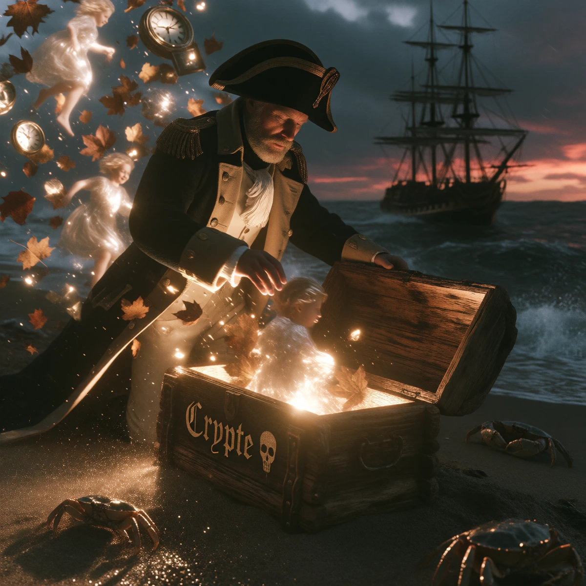 A surreal and poetic high-definition photograph, capturing the precise moment when a naval officer from the turn of the century, clad in a long coat and a Napoleonic hat, opens an old driftwood chest bearing the Gothic inscription ‘Crypte 💀’ on a des