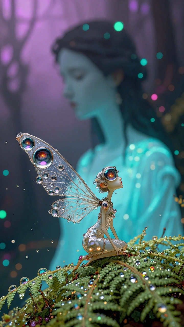 An extreme macro photograph of a bioluminescent woodland sprite emerging from a dew-soaked fern. Her body is made entirely of refractive, liquid-glass