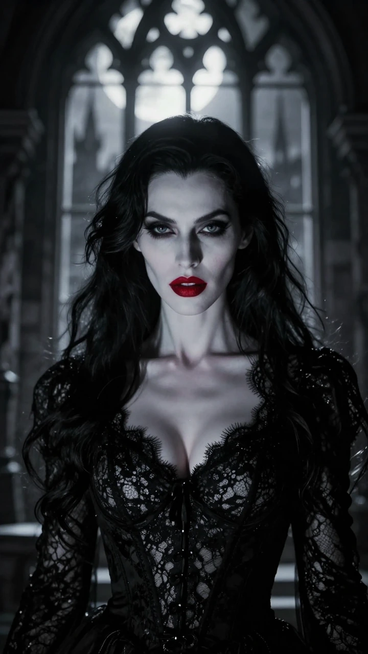 A pale vampire woman with sharp cheekbones and blood-red lips, black lace dress with plunging neckline, photographed in chiaroscuro—single hard light source casting one side of her face in deep shadow, the other luminous and cold. She stands silhouet