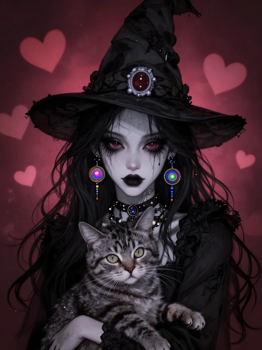 Goth witch with psychedelic earrings, Gothic horror style, with a cat, romantic background with hearts