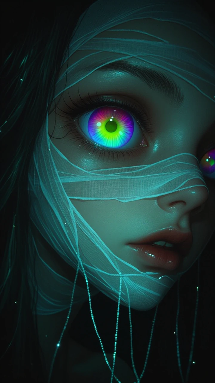 A semi-translucent, ethereal figure in a dark, surreal, dreamlike void. Details: - The figure has a hauntingly beautiful face wrapped in faint bandages that pulsate and glow. - Incorporate luminous, shimmering threads that symbolize both constraint a