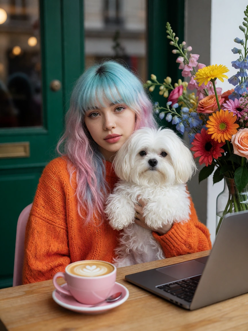 Woman with pastel blue and pink ombre hair wearing bright orange sweater holding fluffy white Maltese at wooden desk with pink latte and laptop, vibrant flower arrangement behind, green door background, natural daylight, colorful contemporary aesthet