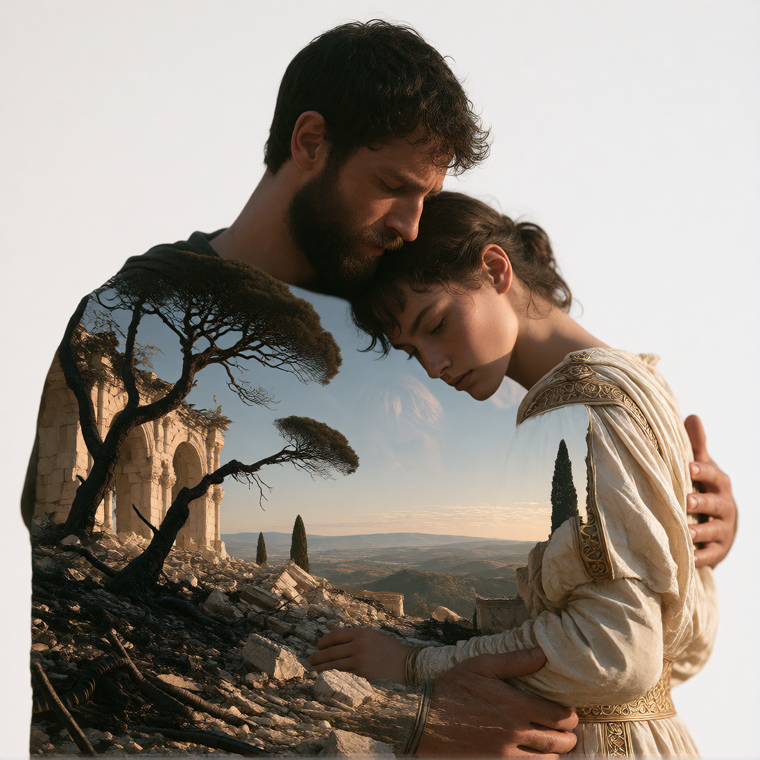 The Smell of a House That No Longer Exists; A Roman General cradling his murdered Wife and Child in the burned wreckage of their villa. The Roman General make eye contact with the Camera and his eyes tell the story, his soul is on fire and only the b