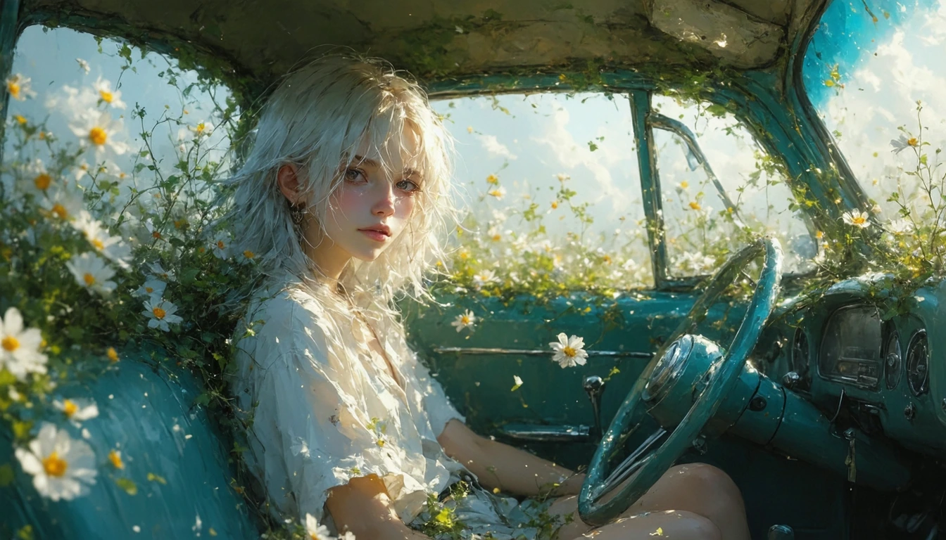 A stunning interior view of a vintage car overflowing with a lush, chaotic garden of vibrant wildflowers and winding green vines. Seated amidst the bl