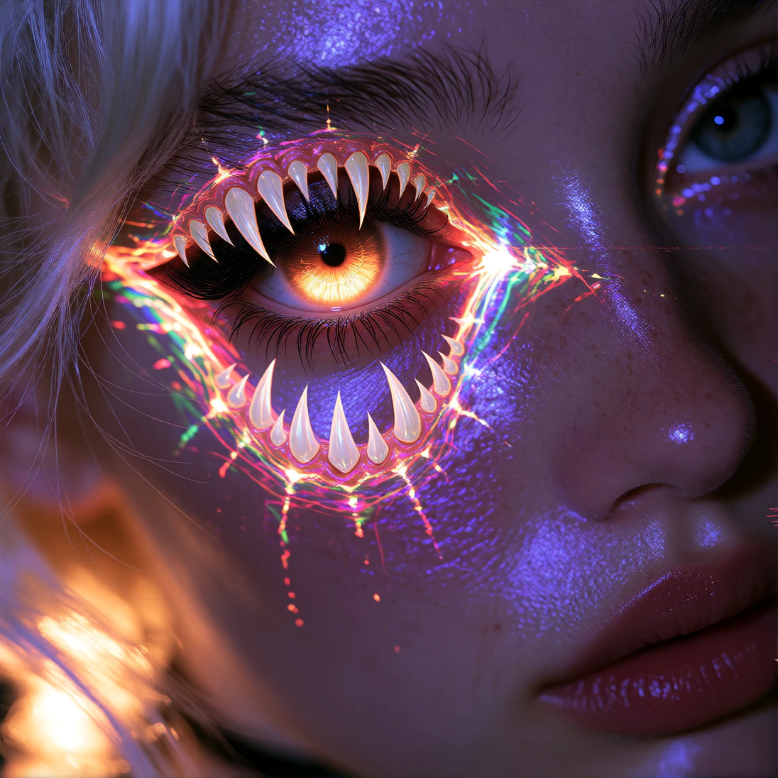 an extreme closeup portrait fragment of a young woman with platinum whiteblonde hair filling the entire frame at a slight tilt, skin saturated with a deep iridescent purpleviolet base overlaid with shifting holographic color interference creating oil
