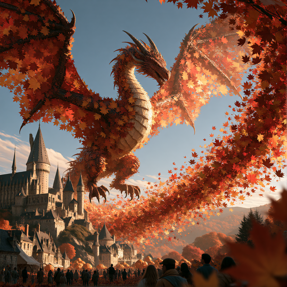 Dragon of Autumn; A Dragon whose scales are made from overlapping leaves coloured in a riot of Autumn. The Dragon hovers over a castle city that is preparing a Halloween Festival, the Dragon's Wings kick up a huge swirl of leaves into a cyclone shape
