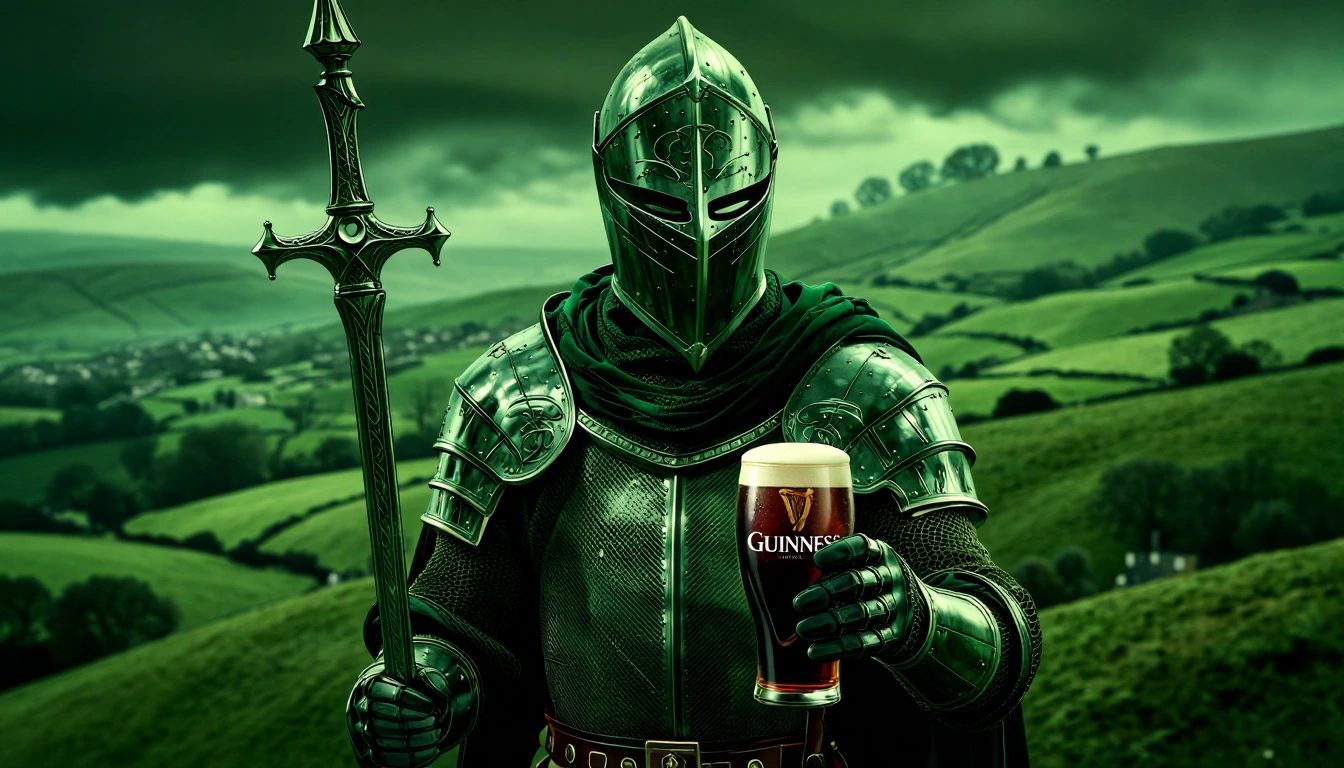 Pint of Guinness for St. Patrick's Day being drank by the legendary Green Knight of English Mythology wielding his green bladed runic sword in the rolling green hills of Dorset in England. With added green colour themes.