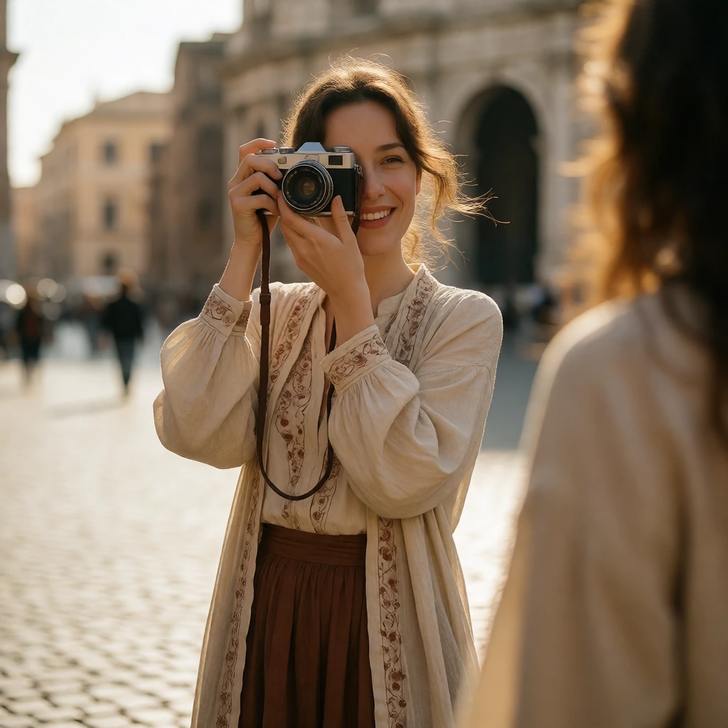 beautiful woman in rome talking a photo