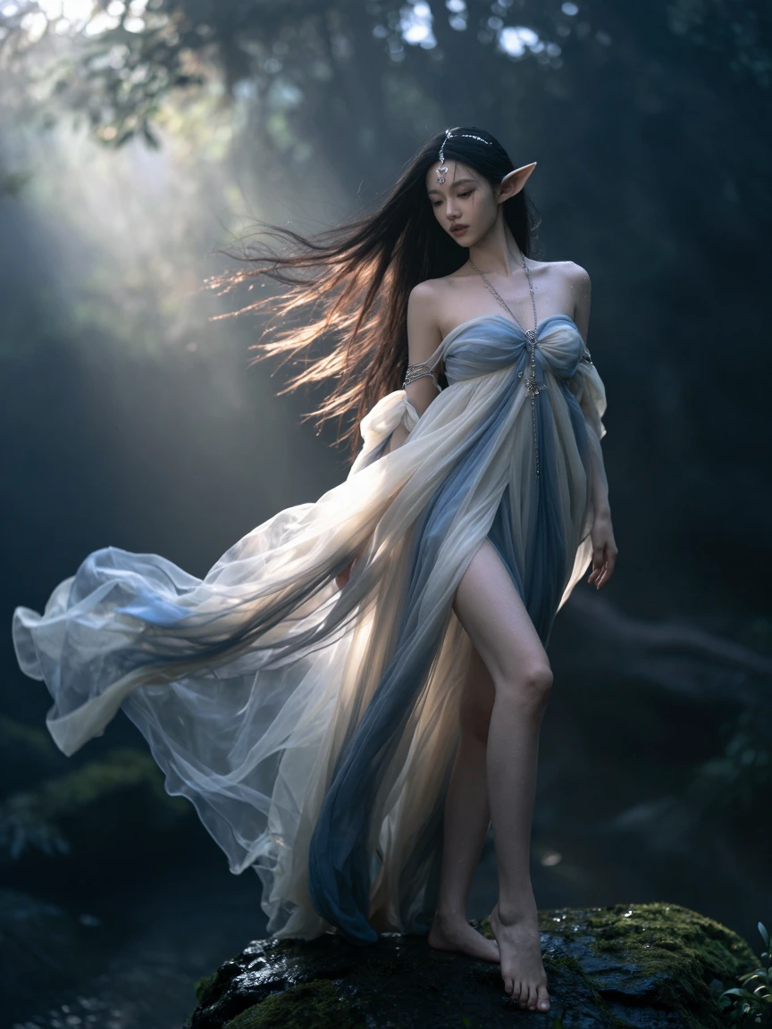 A photorealistic cinematic image of a nekomusume, an extraordinarily beautiful sensual woman with catlike ears and tail standing barefoot on a dark wet stone in an enchanted forest. Long flowing hair whipped violently by the wind, sheer translucent l