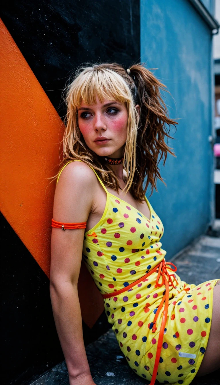 complementary colors, 1girl, woman, egirl, leaning back while sitting against wall, sultry gaze, blush, dynamic view, face focus, diagonal framing, ab