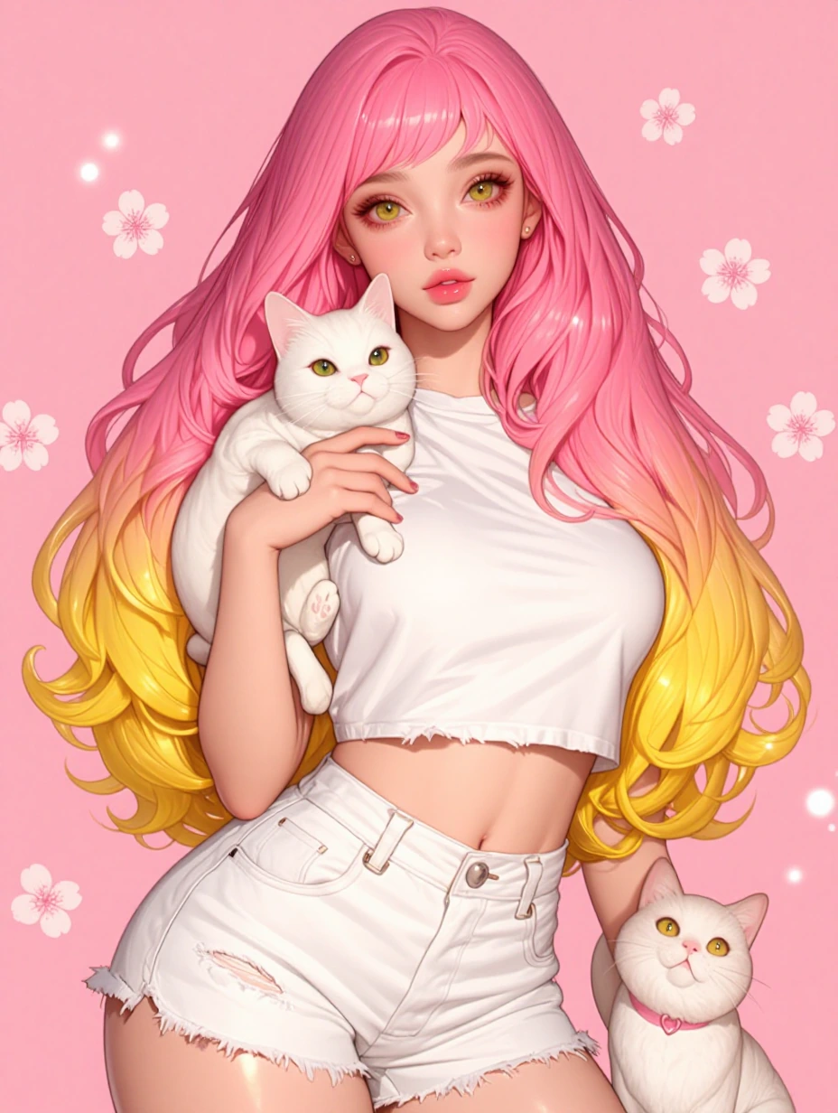 Beautiful woman, pink and yellow ombre hair, with a cat, white jean cutoffs, crop top, manga illustration, 3-D, airbrushed, cherry blossoms, swirls, and lights