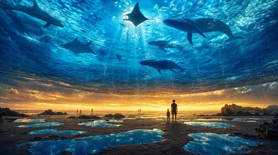 Surreal beach landscape where the ocean is the SKY — a vast rolling ceiling of deep blue water suspended overhead with sunlight refracting down through it in shifting caustic patterns, silhouettes of whales and manta rays swimming through the sea-sky