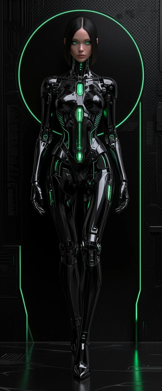 ​A single, solitary high-end female cyborg in a vertical 9:21 aspect ratio composition, captured in an awe-inspiring full-body wide shot, visible from head to toe. The image is rendered with microscopic, hyper-focused detail, ensuring she is the sole