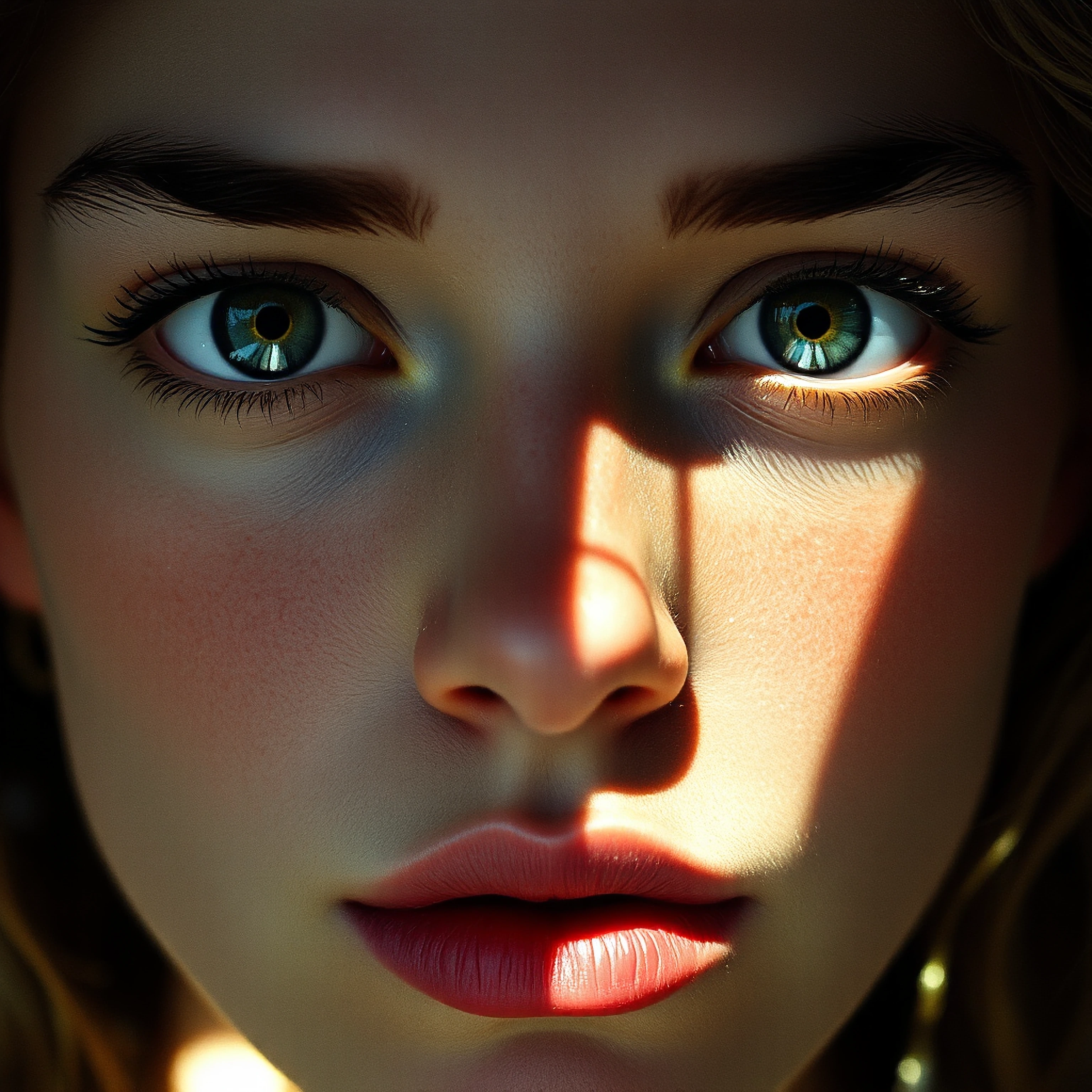 intimate close-up portrait of a human face suspended in the precise millisecond between two emotions, features caught in impossible transition, eyes h