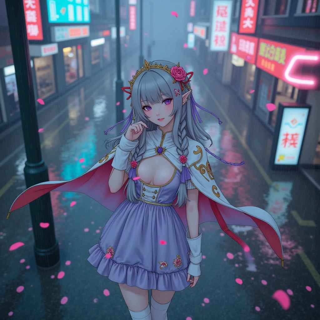 Anotherworldy space, fantasy world, woman of elf, solo, long hair, hair ornament, ribbon, full body, purple eyes, grey hair, braid, flower, red hair ribbon, hair flower, cape, elegant dress, Wrinkled skirt, white knee-high socks, open neckline, pink 