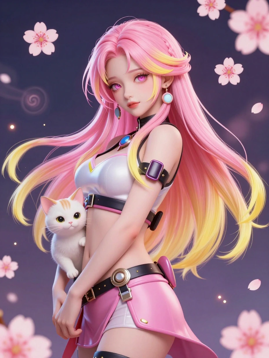 Beautiful cyberpunk geisha, pink and yellow ombre hair, with a cat, manga illustration, 3-D, airbrushed, beautiful pose, cherry blossoms, swirls, and lights