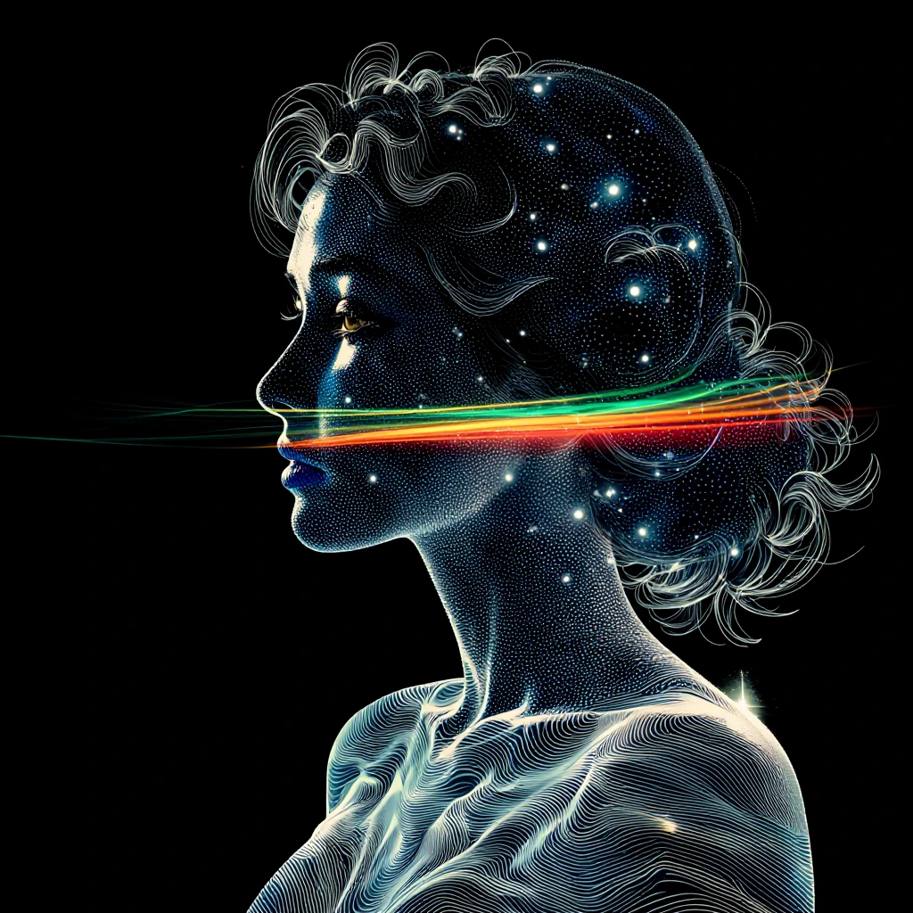 Double exposure of a woman's silhouette, shown in side profile, rendered in a delicate pointillist style against a solid black background. The interio