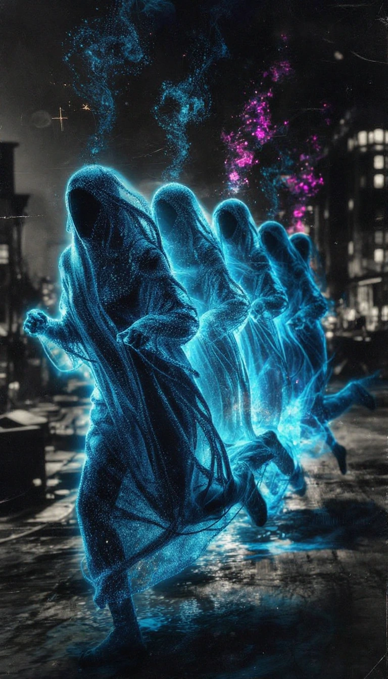 A cinematic digital artwork depicting five translucent dark gothic ghosts overlapping one another, composed entirely of bright blue bioluminescent particles. The ghosts are shown in profile, running, creating an effect of motion blur or quantum super